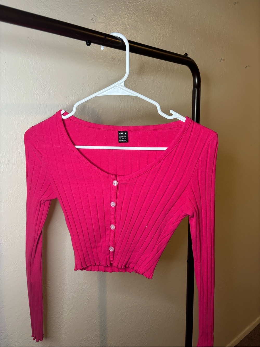 SHEIN Hot Pink Ribbed Button-Front Long Sleeve Crop Top